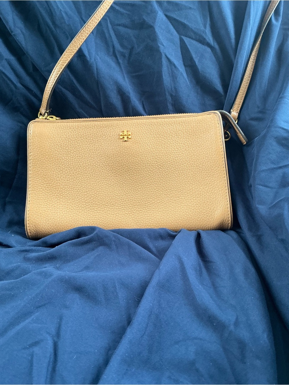 Tory Burch Beige/Tan Pebbled Leather Crossbody with Gold Logo